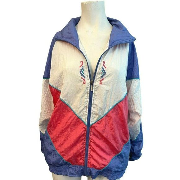 Vtg Medium Multicolor Lined Windbreaker Jacket Color Block Tribal Pink Teal Blue - Picture 1 of 3